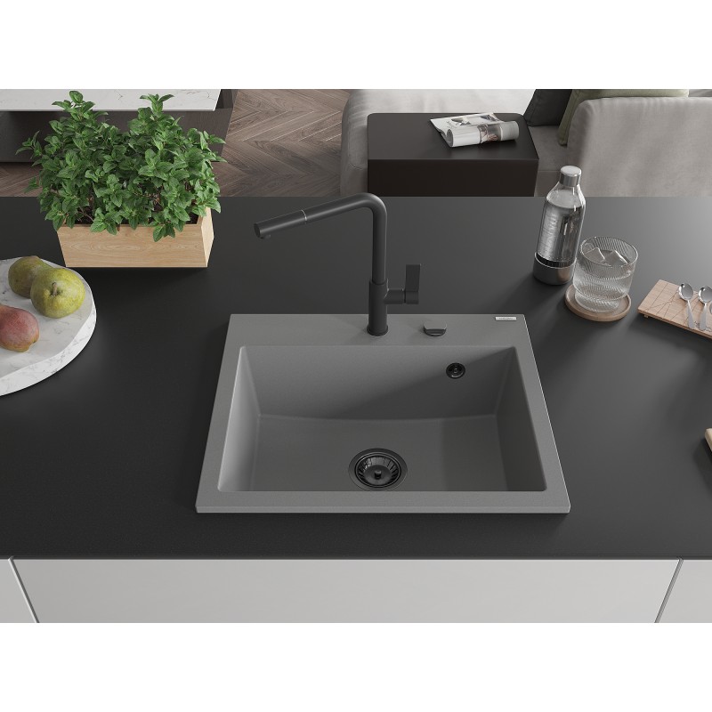 Mexen Oscar évier en granit 1 bac 580 x 490 mm, gris, siphon noir - 6519581000-71-B