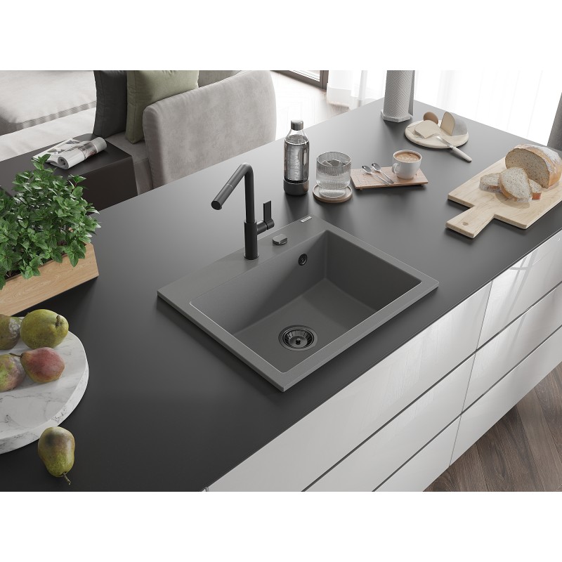 Mexen Oscar évier en granit 1 bac 580 x 490 mm, gris, siphon noir - 6519581000-71-B