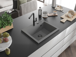 Mexen Oscar évier de cuisine en granit 1 bac 580 x 490 mm, gris, siphon noir - 6519581000-71-B
