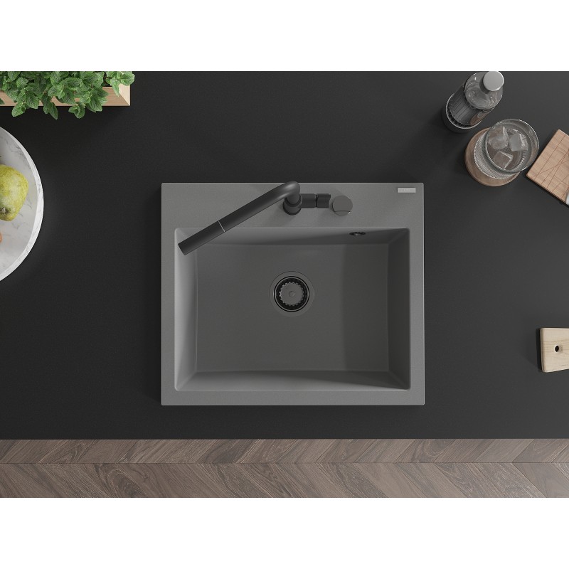 Mexen Oscar évier en granit 1 bac 580 x 490 mm, gris, siphon noir - 6519581000-71-B