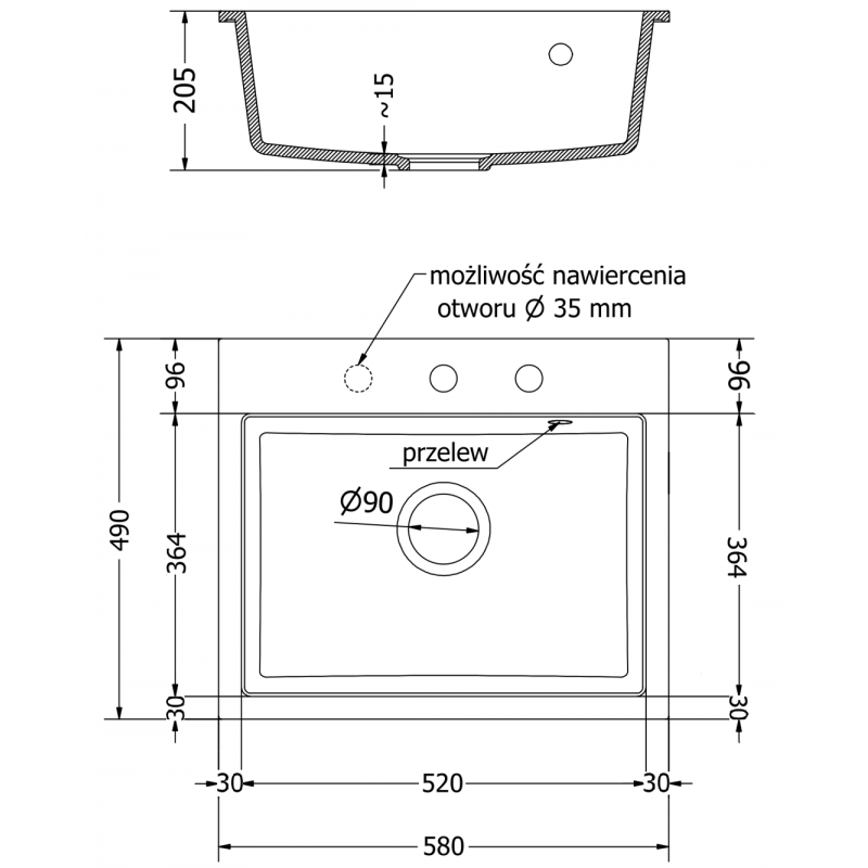 Mexen Oscar évier en granit 1 bac 580 x 490 mm, noir/métallique argent, siphon noir - 6519581000-73-B