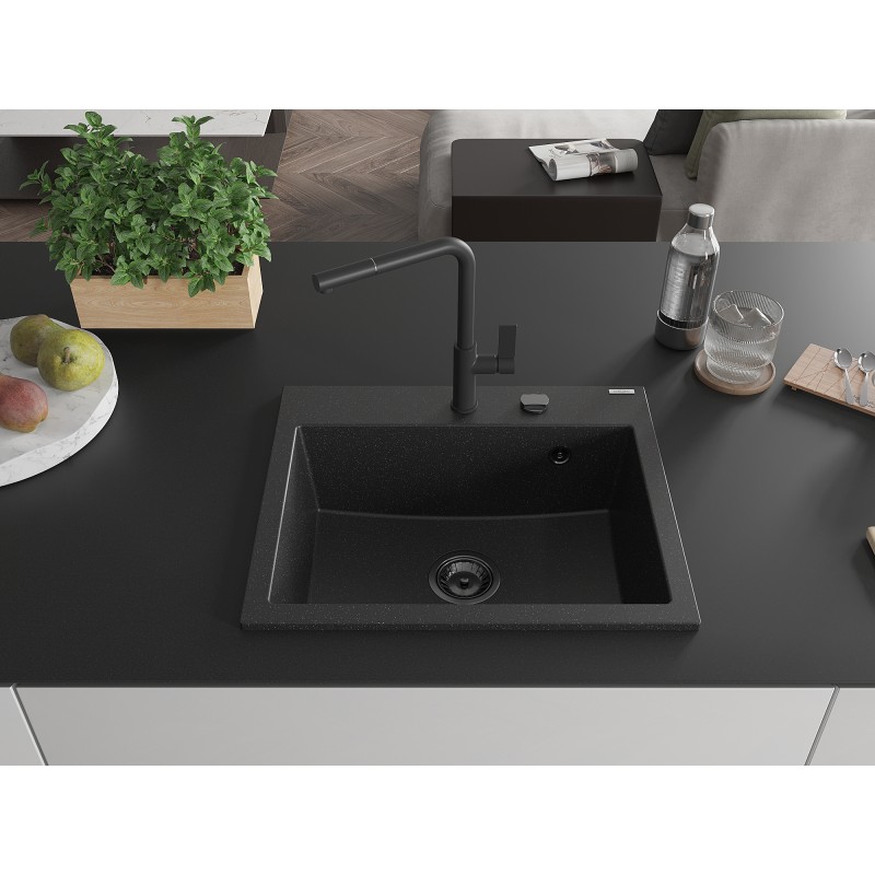 Mexen Oscar évier en granit 1 bac 580 x 490 mm, noir/métallique argent, siphon noir - 6519581000-73-B