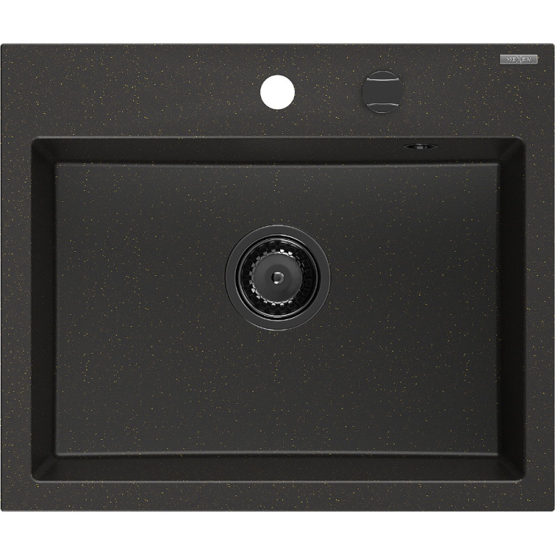 Mexen Oscar évier en granit à 1 cuve 580 x 490 mm, noir/doré métallique, siphon noir - 6519581000-75-B
