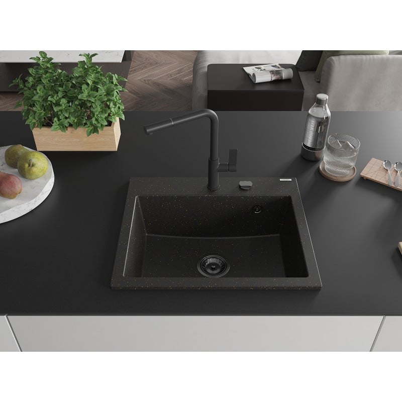 Mexen Oscar évier en granit à 1 bac 580 x 490 mm, noir/doré métallisé, siphon noir - 6519581000-75-B