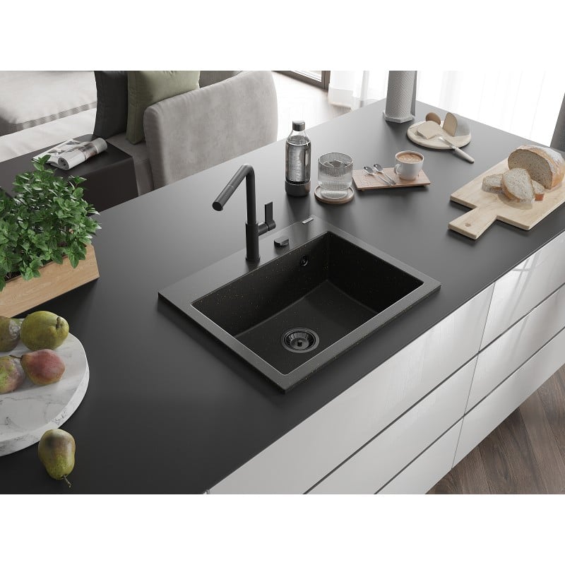 Mexen Oscar évier en granit à 1 bac 580 x 490 mm, noir/doré métallisé, siphon noir - 6519581000-75-B