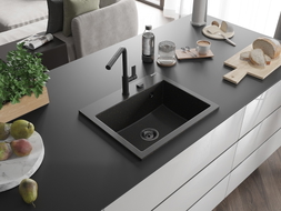 Mexen Oscar évier en granit à 1 cuve 580 x 490 mm, noir/doré métallique, siphon noir - 6519581000-75-B