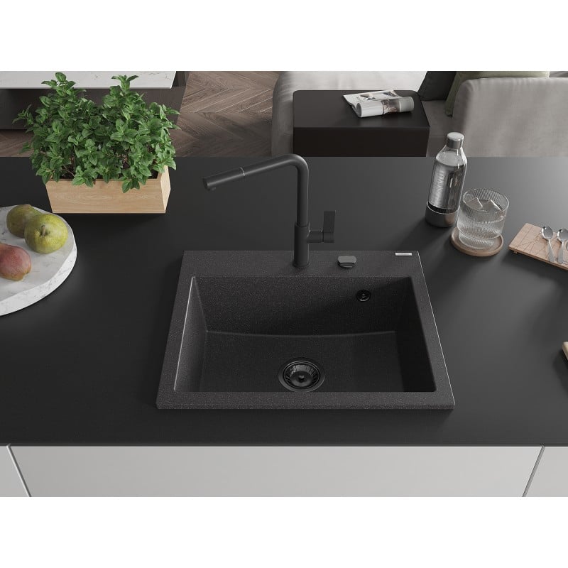 Mexen Oscar évier en granit 1 bac 580 x 490 mm, noir moucheté, siphon noir - 6519581000-76-B