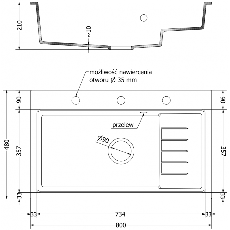 Mexen Omar évier de cuisine en granit 1 bac 800 x 480 mm, blanc, siphon chromé - 6520801005-20