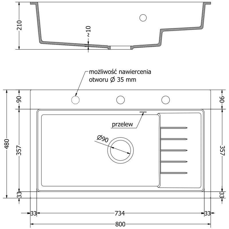 Mexen Omar évier en granit à 1 bac 800 x 480 mm, beige, siphon chromé - 6520801005-69