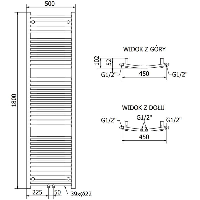 Mexen Ares radiateur de salle de bain 1800 x 500 mm, 820 W, anthracite - W102-1800-500-00-66