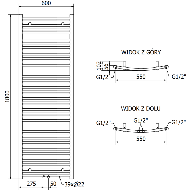 Mexen Ares radiateur de salle de bain 1800 x 600 mm, 757 W, doré - W102-1800-600-00-50