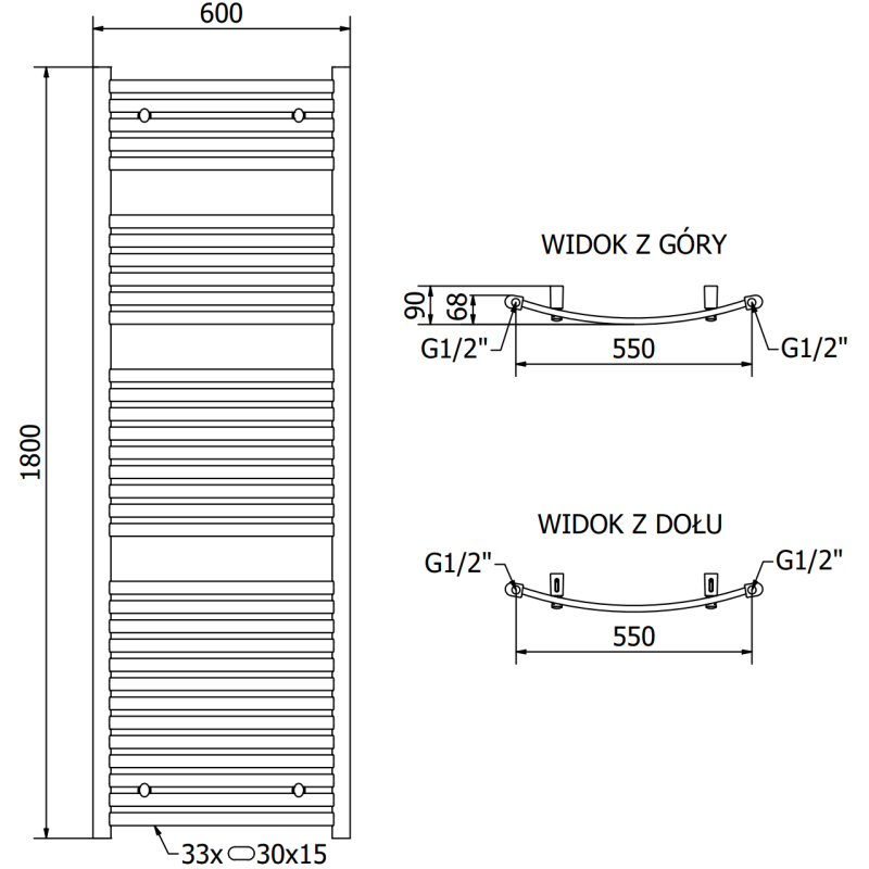 Mexen Helios radiateur de salle de bain 1800 x 600 mm, 990 W, anthracite - W103-1800-600-00-66