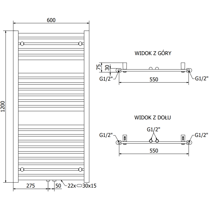 Mexen Hades radiateur de salle de bain 1200 x 600 mm, 527 W, chrome - W104-1200-600-00-01