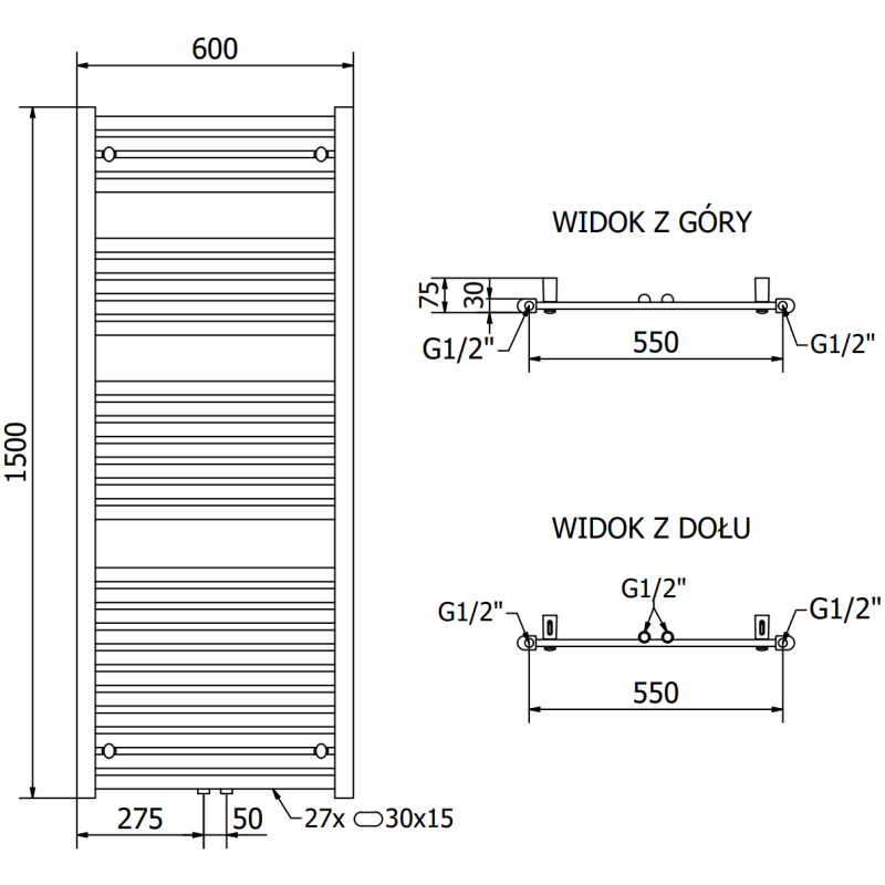 Mexen Hades radiateur de salle de bain 1500 x 600 mm, 812 W, anthracite - W104-1500-600-00-66