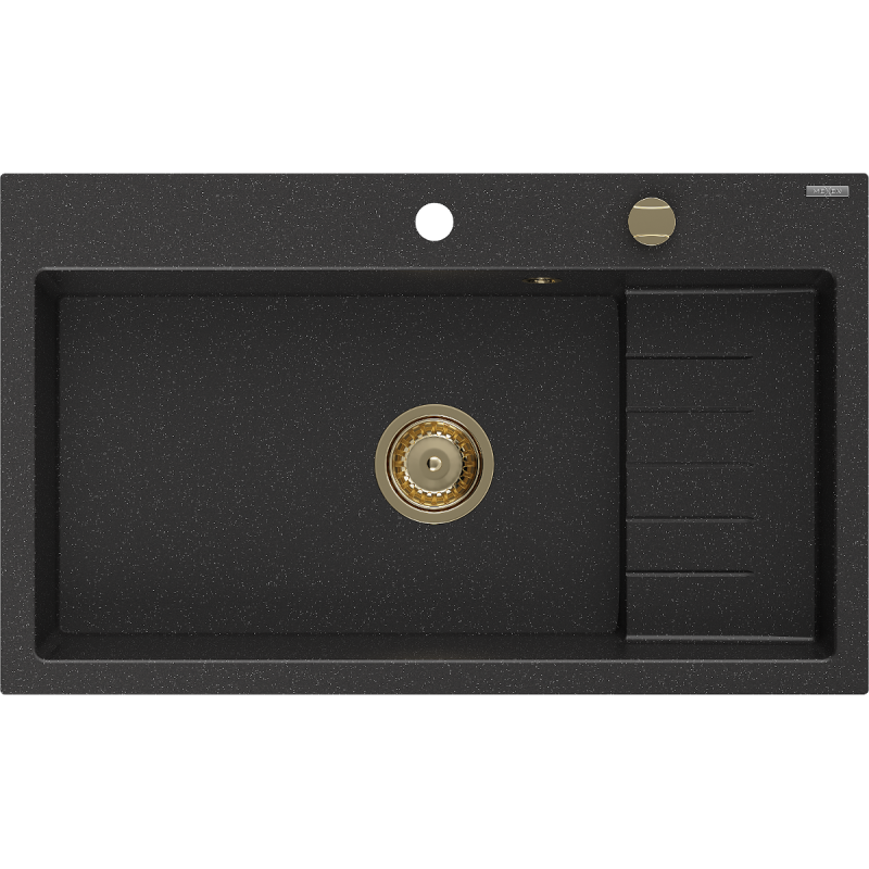 Mexen Omar évier en granit 1 bac 800 x 480 mm, noir/argent métallisé, siphon doré - 6520801005-73-G