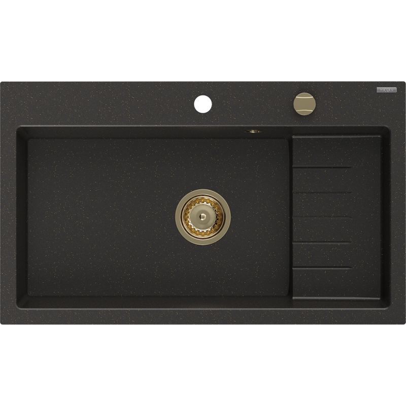 Mexen Omar évier en granit 1-bac 800 x 480 mm, noir/doré métallisé, siphon doré - 6520801005-75-G