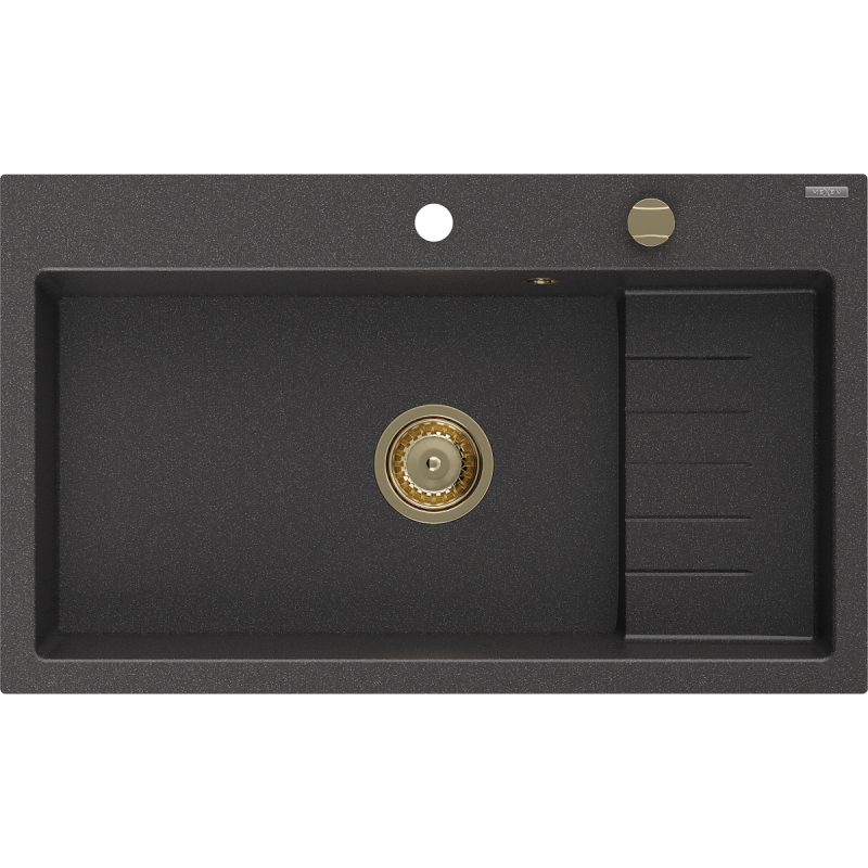 Mexen Omar évier en granit 1 bac 800 x 480 mm, noir moucheté, siphon doré - 6520801005-76-G