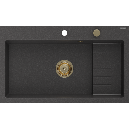 Mexen Omar évier en granit 1 bac 800 x 480 mm, noir moucheté, siphon doré - 6520801005-76-G