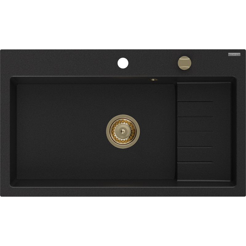 Mexen Omar évier en granit 1 bac 800 x 480 mm, noir, siphon doré - 6520801005-77-G