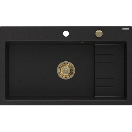 Mexen Omar évier en granit 1 bac 800 x 480 mm, noir, siphon doré - 6520801005-77-G