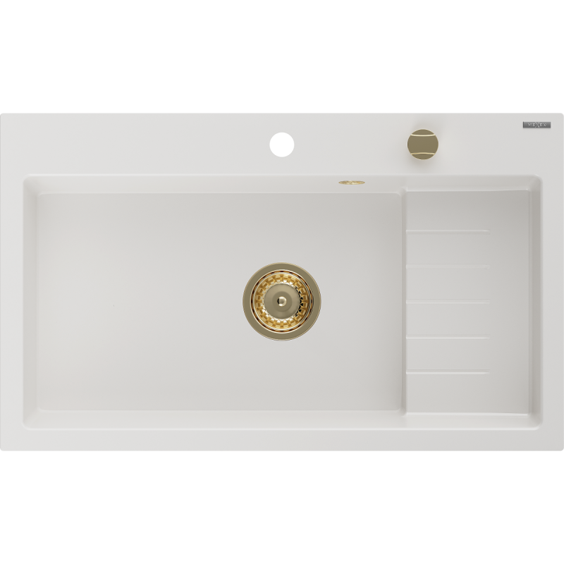 Mexen Omar évier de cuisine en granit 1 bac 800 x 480 mm, blanc, siphon doré - 6520801005-20-G