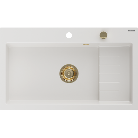Mexen Omar évier de cuisine en granit 1 bac 800 x 480 mm, blanc, siphon doré - 6520801005-20-G