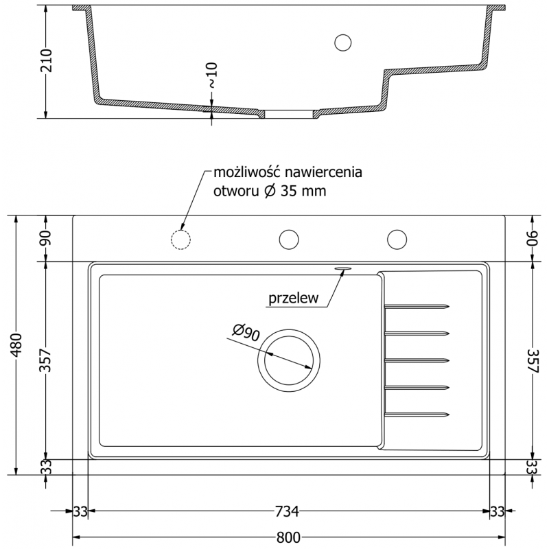 Mexen Omar évier en granit 1 bac 800 x 480 mm, noir/doré métallisé, siphon noir - 6520801005-75-B