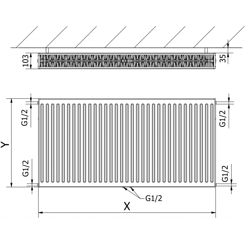 Mexen CC22 radiateur à plaque 500 x 2600 mm, raccordement inférieur central, 3704 W, blanc - W6C22-050-260-00