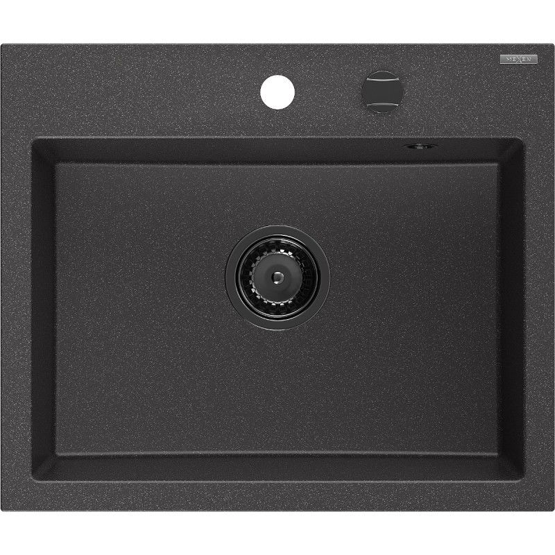 Mexen Oscar évier en granit 1 bac 580 x 490 mm, noir moucheté, siphon noir - 6519581000-76-B