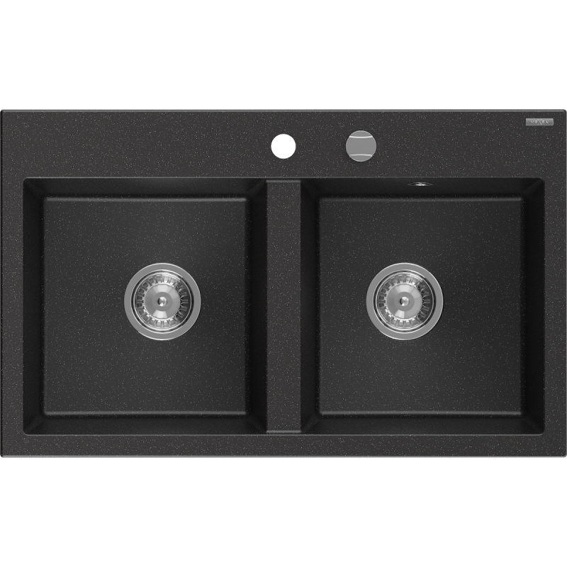Mexen Hektor évier en granit à 2 bacs 800 x 480 mm, noir/argent métallique, siphon chrome - 6521802000-73