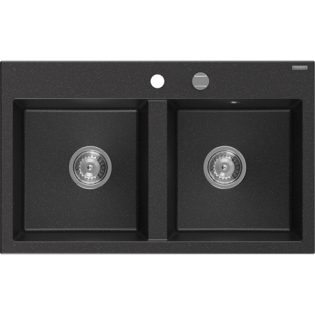 Mexen Hektor évier en granit à 2 bacs 800 x 480 mm, noir/argent métallique, siphon chrome - 6521802000-73