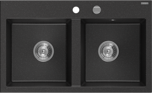 Mexen Hektor évier en granit à 2 bacs 800 x 480 mm, noir/argent métallique, siphon chrome - 6521802000-73