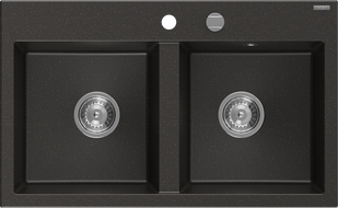 Mexen Hektor évier en granit à 2 compartiments 800 x 480 mm, noir/métallisé or, siphon chromé - 6521802000-75