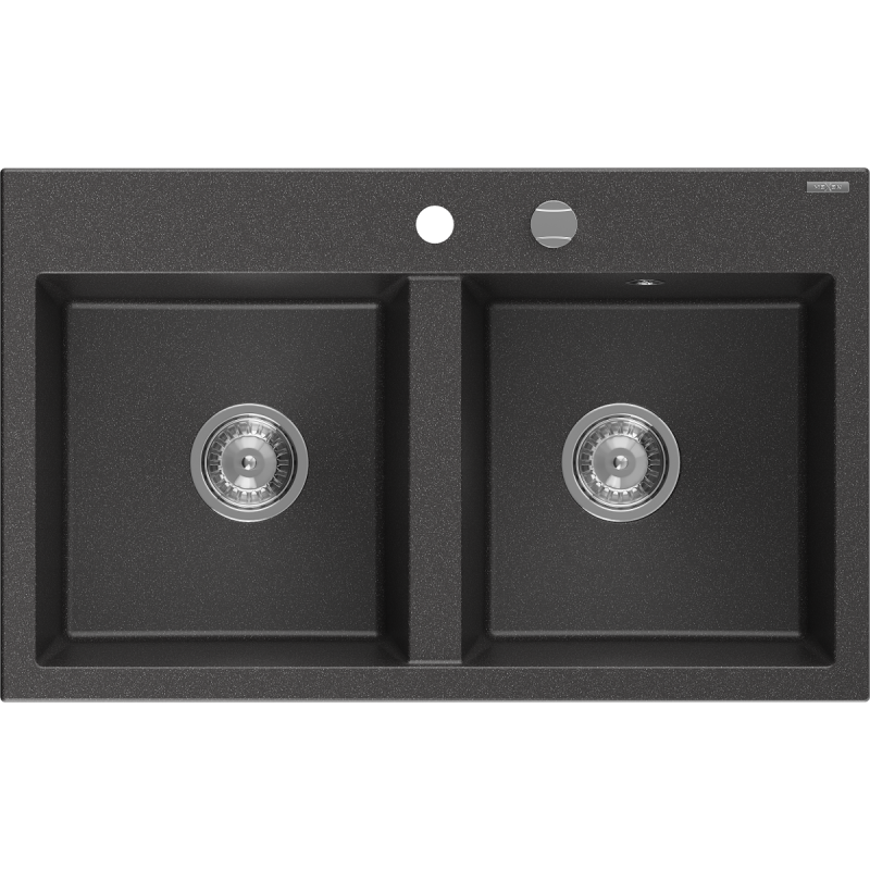 Mexen Hektor évier en granit 2 bacs 800 x 480 mm, noir moucheté, siphon chromé - 6521802000-76