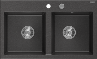 Mexen Hektor évier en granit à 2 bacs 800 x 480 mm, noir moucheté, siphon chromé - 6521802000-76