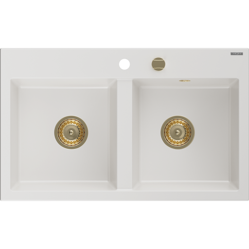 Mexen Hektor évier en granit 2 bacs 800 x 480 mm, blanc, siphon doré - 6521802000-20-G