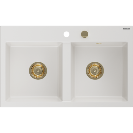 Mexen Hektor évier en granit 2 bacs 800 x 480 mm, blanc, siphon doré - 6521802000-20-G