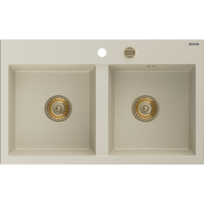 Mexen Hektor évier granit 2 bacs 800 x 480 mm, beige, siphon doré - 6521802000-69-G