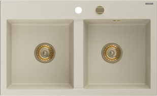 Mexen Hektor évier en granit à 2 bacs 800 x 480 mm, beige, siphon doré - 6521802000-69-G