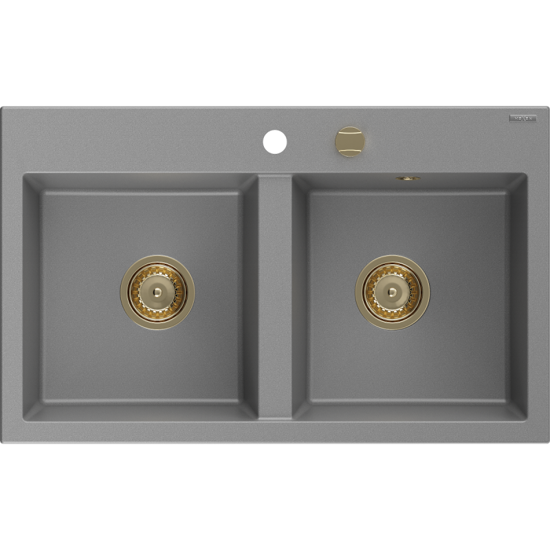 Mexen Hektor évier en granit 2 bacs 800 x 480 mm, gris, siphon doré - 6521802000-71-G