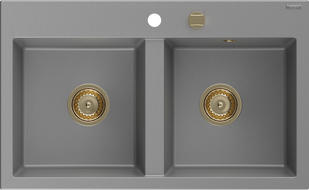 Mexen Hektor évier en granit 2 bacs 800 x 480 mm, gris, siphon doré - 6521802000-71-G