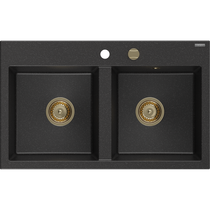 Mexen Hektor évier en granit 2 bacs 800 x 480 mm, noir/argent métallisé, siphon doré - 6521802000-73-G