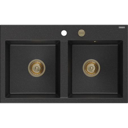 Mexen Hektor évier en granit 2 bacs 800 x 480 mm, noir/argent métallisé, siphon doré - 6521802000-73-G