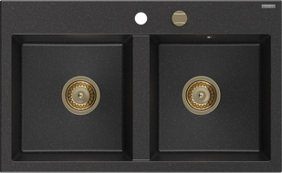 Mexen Hektor évier en granit 2 bacs 800 x 480 mm, noir/argent métallisé, siphon doré - 6521802000-73-G