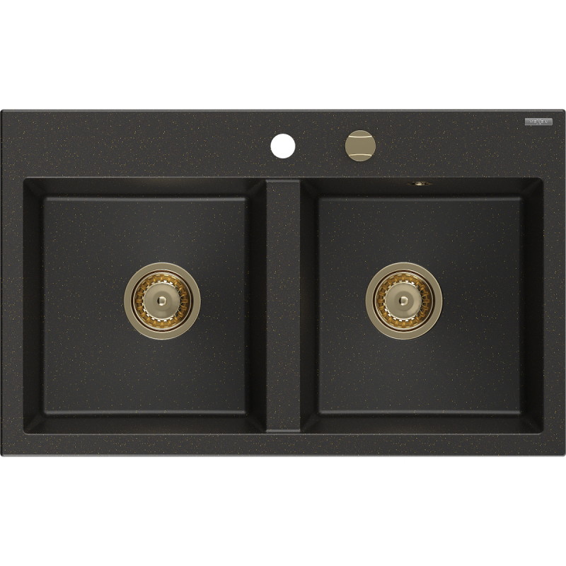 Mexen Hektor évier en granit 2 bacs 800 x 480 mm, noir/doré métallique, siphon doré - 6521802000-75-G