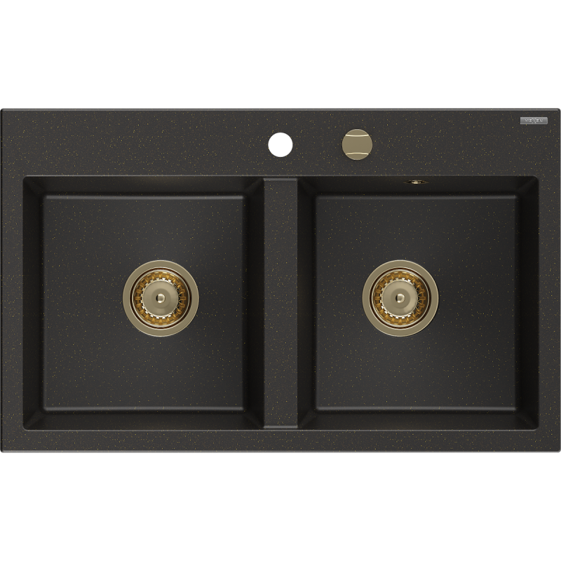 Mexen Hektor évier en granit à 2 bacs 800 x 480 mm, noir/doré métallique, siphon doré - 6521802000-75-G