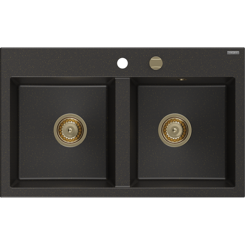 Mexen Hektor évier en granit à 2 bacs 800 x 480 mm, noir/doré métallisé, siphon doré - 6521802000-75-G