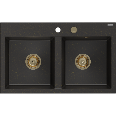 Mexen Hektor évier en granit à 2 bacs 800 x 480 mm, noir/doré métallique, siphon doré - 6521802000-75-G