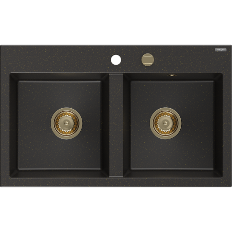 Mexen Hektor évier en granit à 2 bacs 800 x 480 mm, noir/doré métallisé, siphon doré - 6521802000-75-G