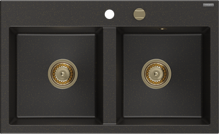 Mexen Hektor évier en granit à 2 bacs 800 x 480 mm, noir/doré métallique, siphon doré - 6521802000-75-G